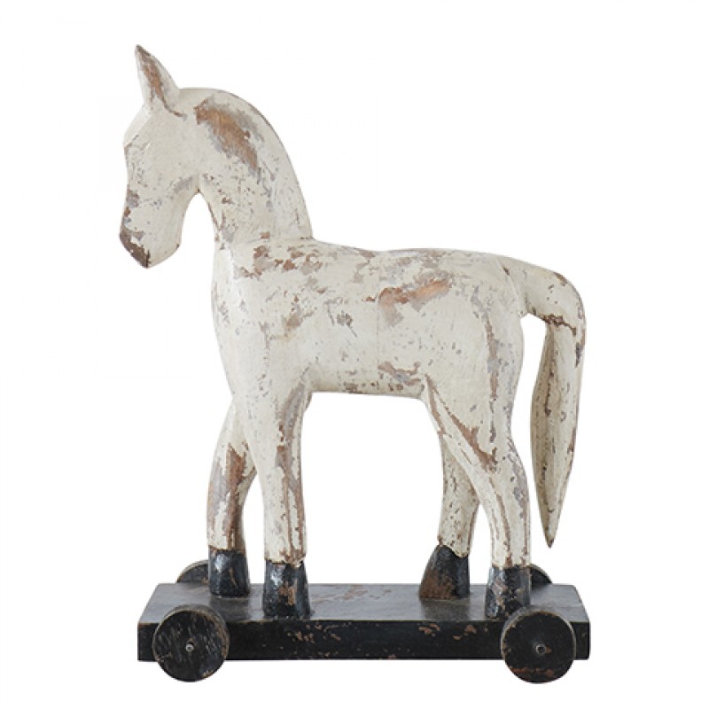 WHITE WOODEN HORSE ON WHEELS       - DECOR ITEMS